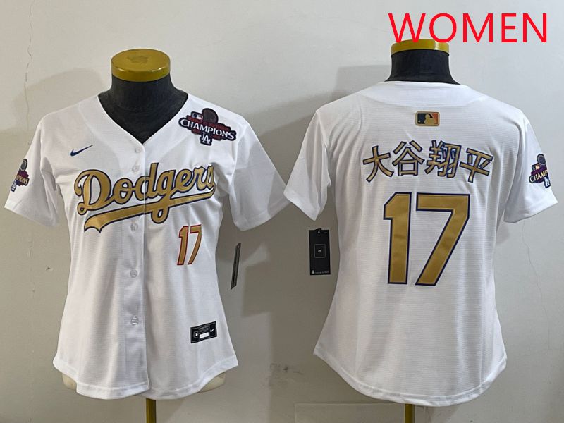 Women Los Angeles Dodgers #17 Ohtani White Champion gold character 2025 Nike MLB Jersey style 9->women mlb jersey->Women Jersey